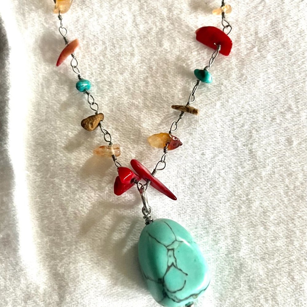 Lia Sophia Genuine Coral, Jasper, Howlite Turquoise Beaded Necklace
